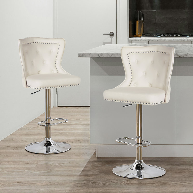 Swivel Velvet Counter Height Bar Stools With Lion Head Pull Ring For Kitchen Island, Cream