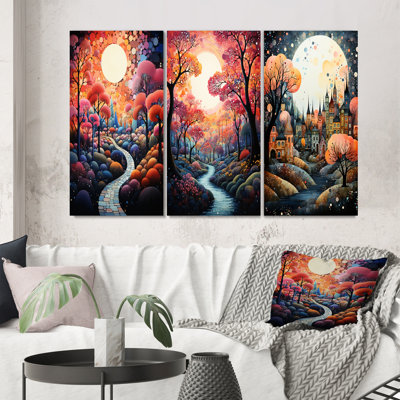 «River Whimsical Thorugh Forest Landscape III», 3 pièces sur toile