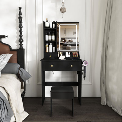 Modern Small Vanity Desk ,Featuring 3 Modes Of LED Lighting With Adjustable Brightness, 3 Drawers And Multiple Open Storage Shelves, A Hair Dryer Holder And Power Socket, And A Dressing Chair
