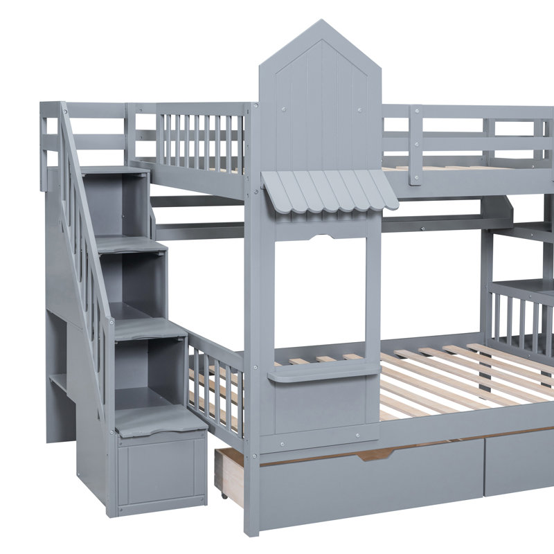 Lit superposé de taille grise avec 2 tiroirs, 3 tablettes et glissière - Construction en pin massif, convient à plus de 6 ans d'apparence, structure et stabilité accrue