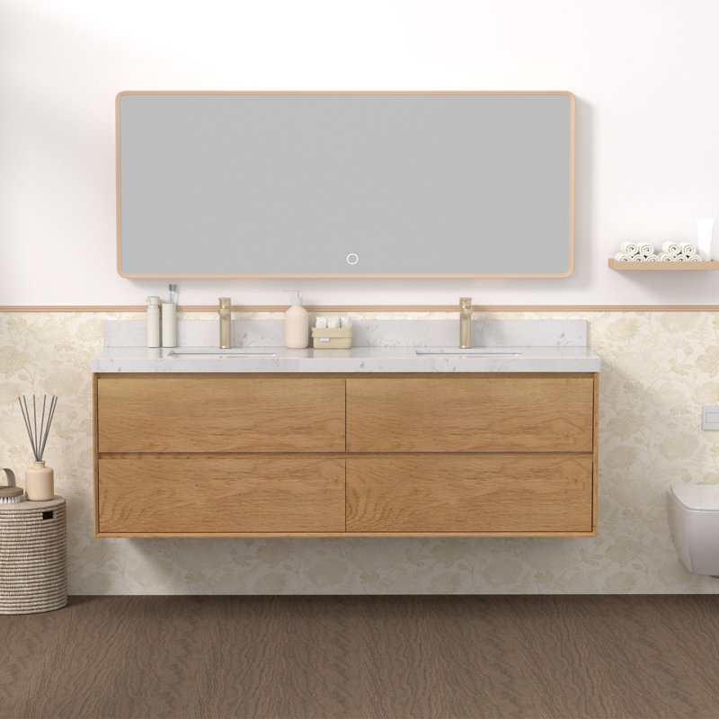 Ensemble de meuble-lavabo double 72 po avec comptoir en pierre d'ingénierie Calacatta, deux lavabos en céramique, tiroirs à fermeture en douceur, rangement flottant moderne