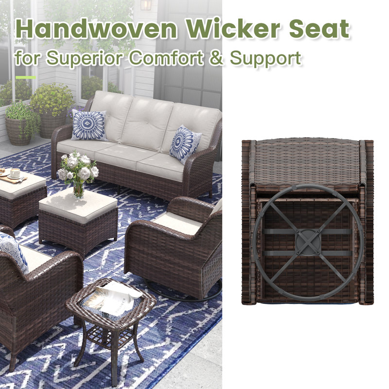 Stylish Outdoor Woven Rattan Swivel Chair And Side Table Set, Beige Cushion/Brown Frame