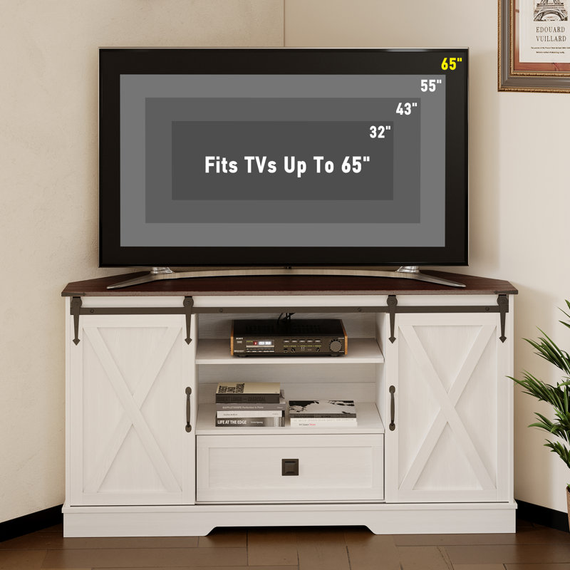 Corner TV Stand For 65 Inch TV - With Sliding Barn Door - Wood Entertainment Center - Media Console Cabinet - 58"X16"X31.5"H
