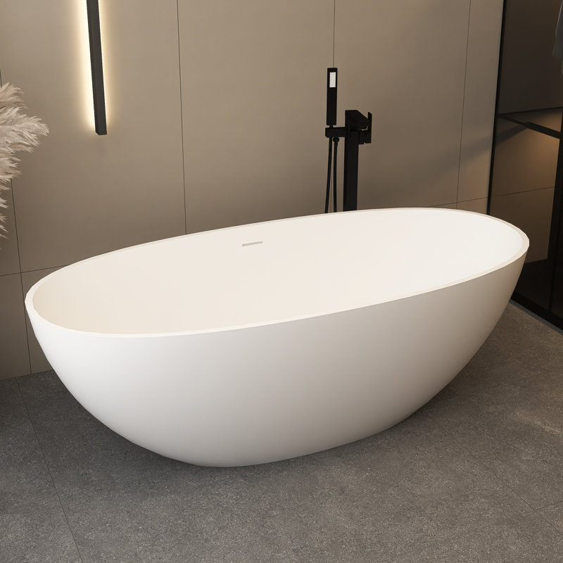 65 in. x 30 in. Solid Surface Freestanding Soaking Bathtub with Center Drain in Matte White