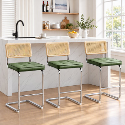 Marlow 26" Organic Modern Faux Leather Upholstered Counter Stool with Rattan Back and Chrome Cantilever Frame