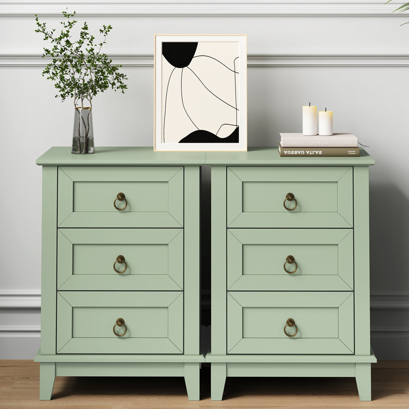 Modern 3-Drawer Wooden Nightstand Set Of 2, Tall & Narrow, Green