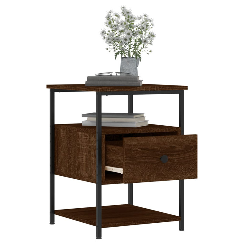 Agshin 40cm W Iron Bedside Table, Brown Oak, Set of 2