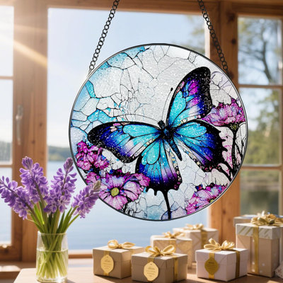 8 Inch Stained Glass Suncatcher Ornament,Butterfly Sun Catchers Indoor Window, Stained Glass Window Hanging