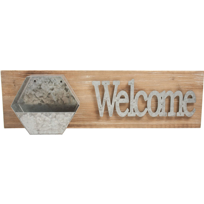 Enseigne "Welcome" avec pot de fleurs en métal