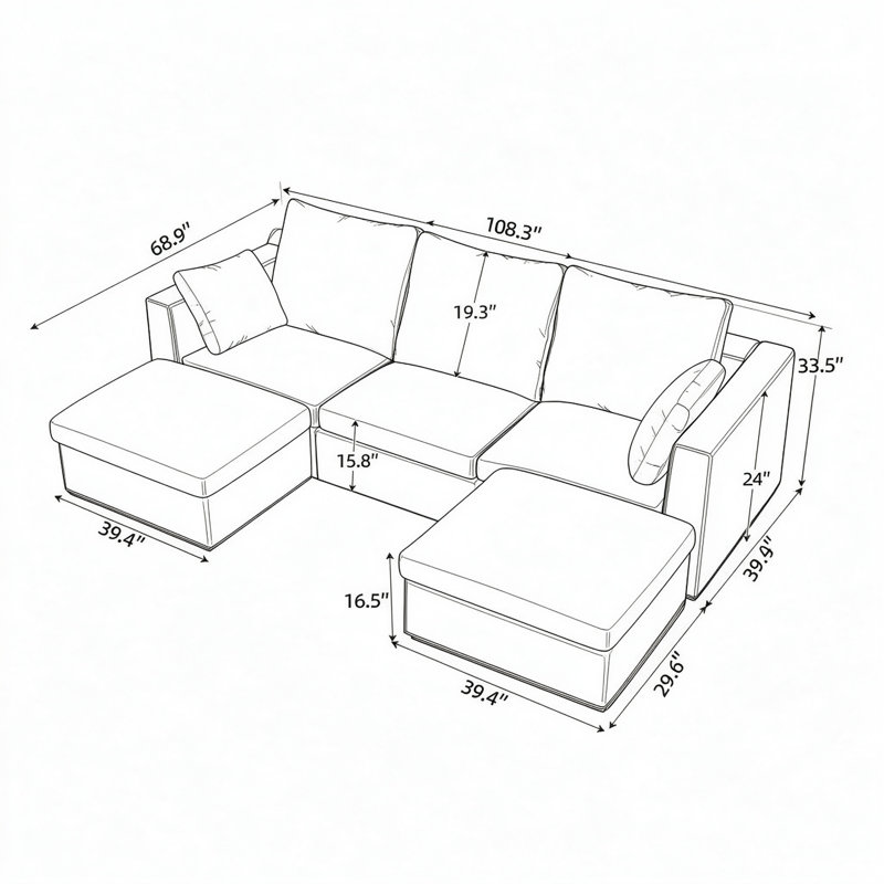Canapé 3 places en lin kaki avec 2 poufs, ensemble de canapés modulaires rembourrés