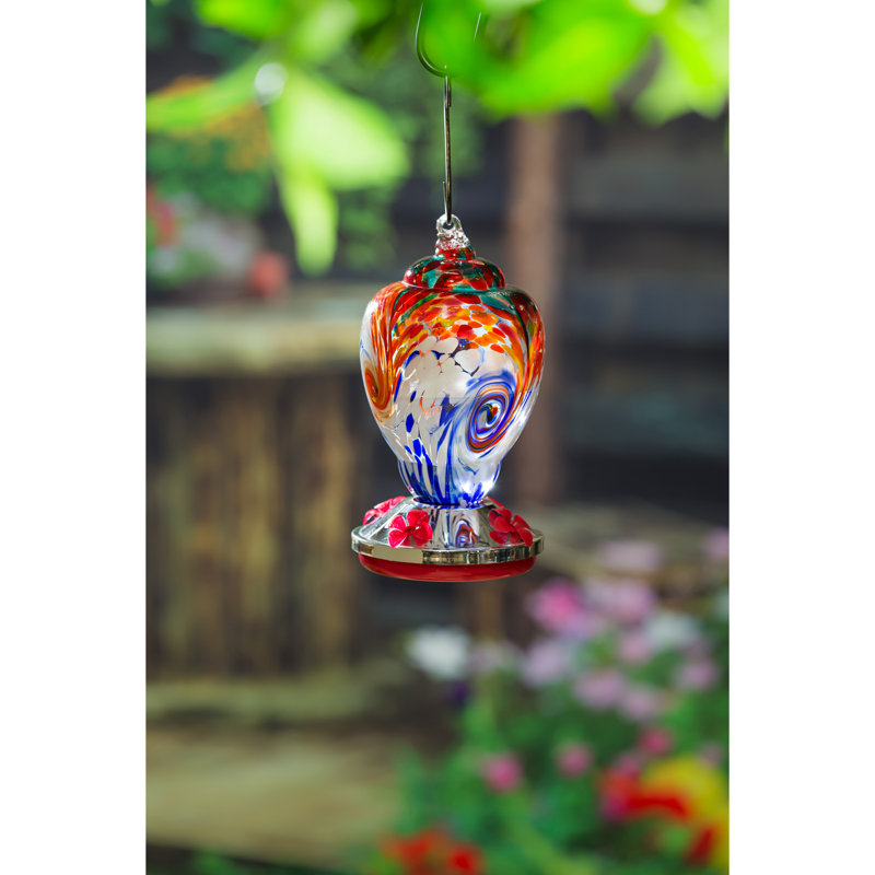 Multi-Colored Swirled Glass and Metal Hummingbird Feeder