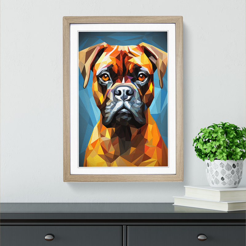 Boxer Dog Geometric Art - Framed Print, 34cm H x 25cm W x 2cm D, Oak Framed