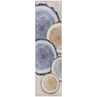 HomeRoots 8' Beige Blue And Gold Faux Bois Washable Indoor Outdoor Runner Rug