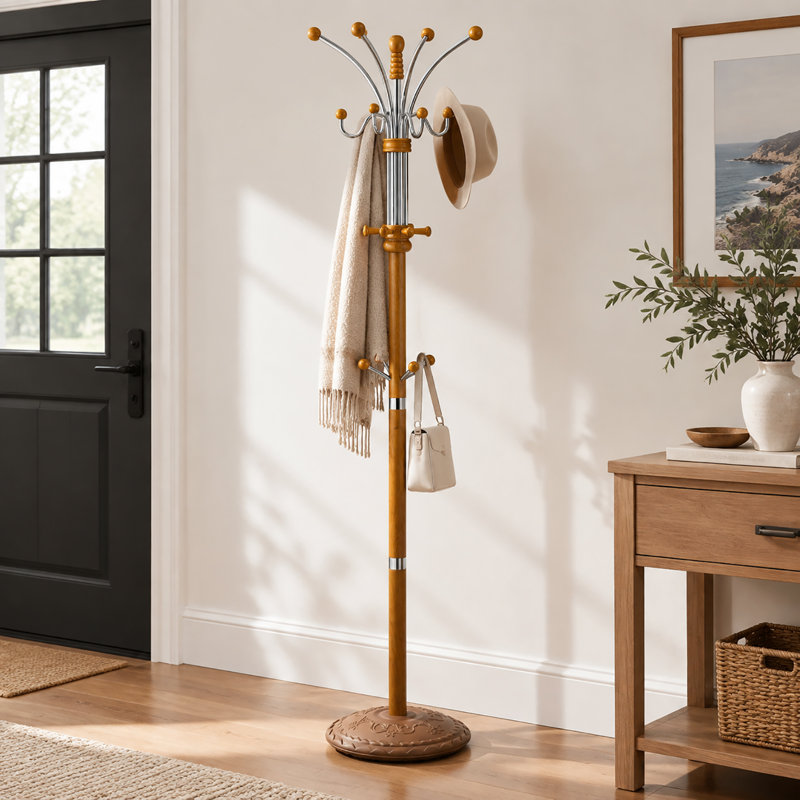 Porte-manteau sur pied en bois et métal, hauteur 185 cm, jaune, idéal pour l'entrée, le corridor ou la chambre., Yellow