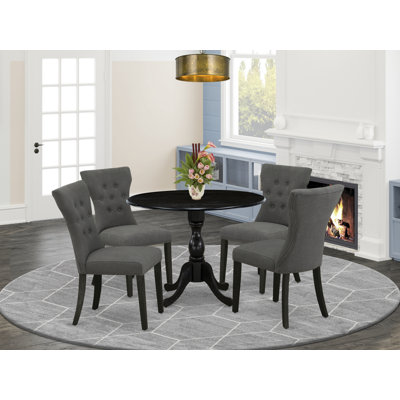 5 Piece Dining Room Table Set Includes a Round Dining Table with Dropleaf and 4 Dark Gotham Linen Fabric Upholstered Parson Chairs, 42x42 Inch, Wirebrushed Black