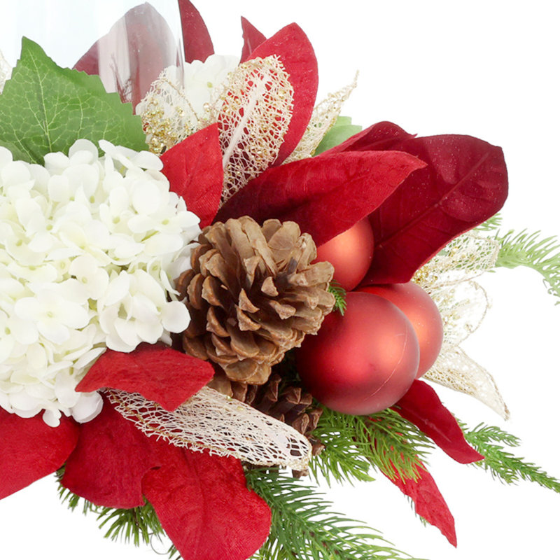 Holiday Candleholder with Hydrangeas, Magnolia Leaves, and Pinecones