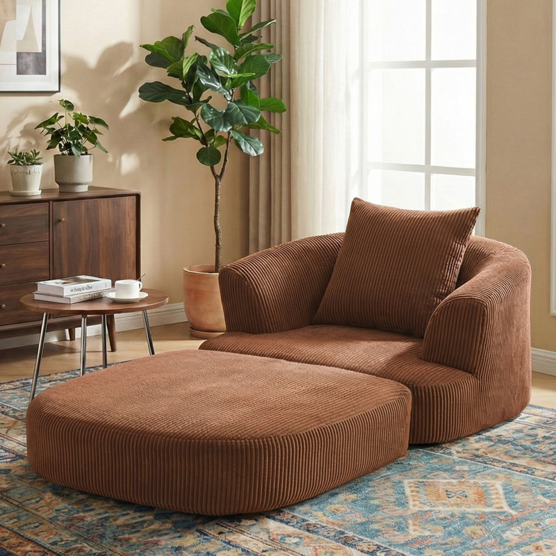 Fauteuil demi-tonneau d'appoint convertible surdimensionné rembourré, Velours côtelé orange