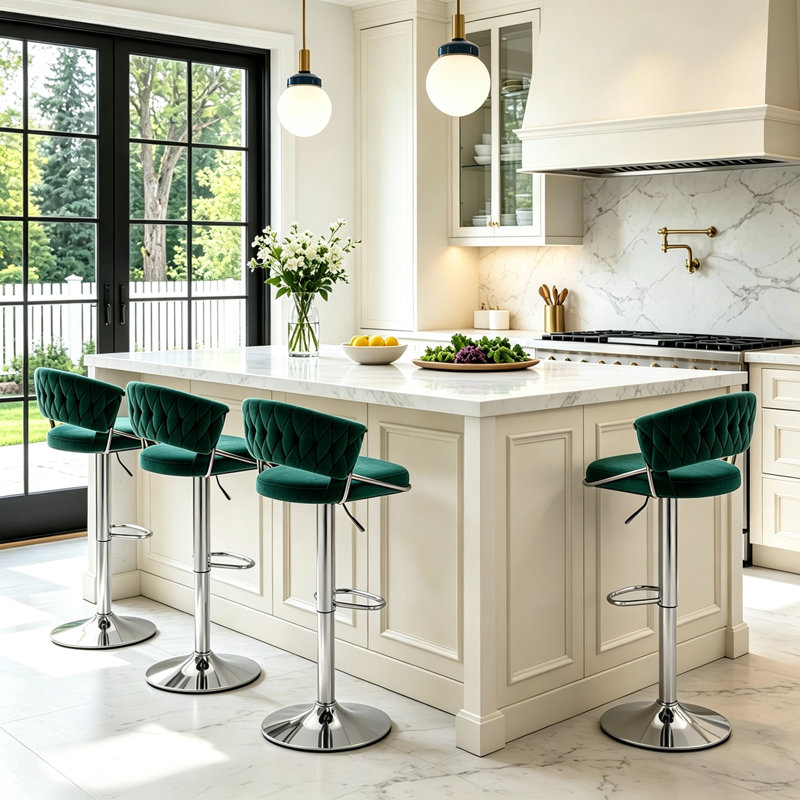 Christal Swivel Upholstered Adjustable Height Counter Stool, Dark Green, Silver