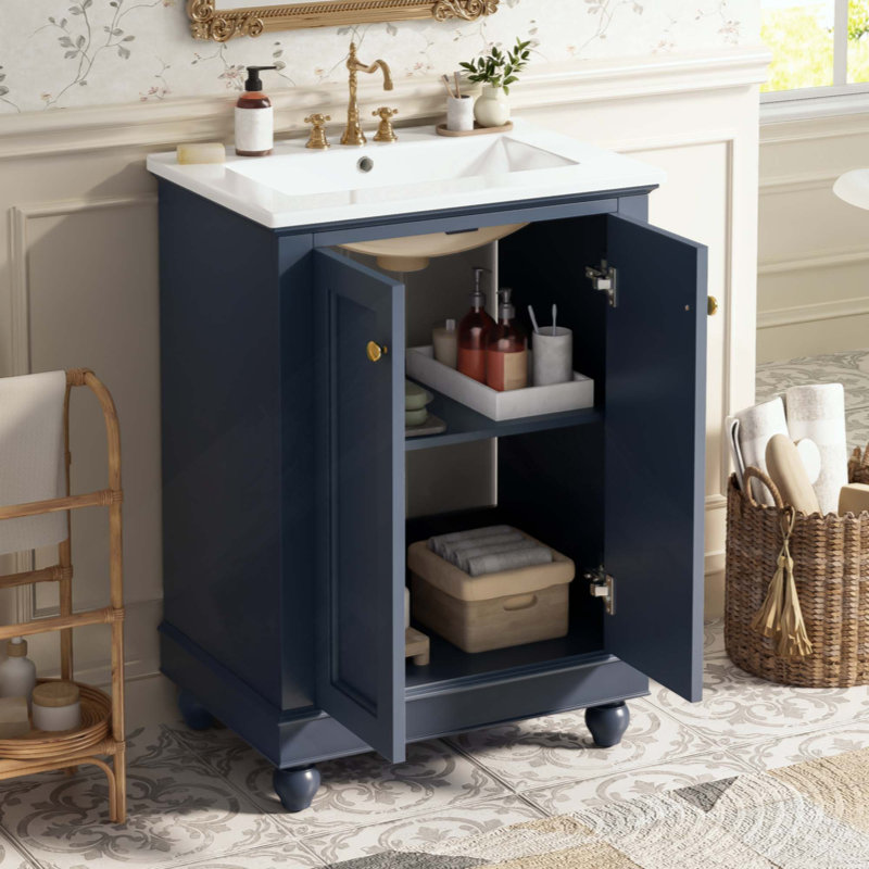 Meuble-lavabo moderne, conception simple et élégante avec rangement à fermeture en douceur, tablette réglable, meuble-lavabo avec lavabo en céramique