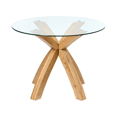 Oak Round Glass Top Solid Wood Base Dining Table