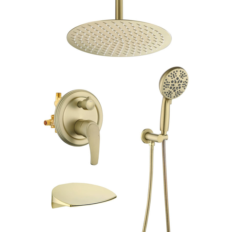Système de douche de baignoire au plafond avec douche à main Ensemble de robinet de douche à poignée simple de 12 pouces avec garniture de douche à haute pression en laiton avec valve brute