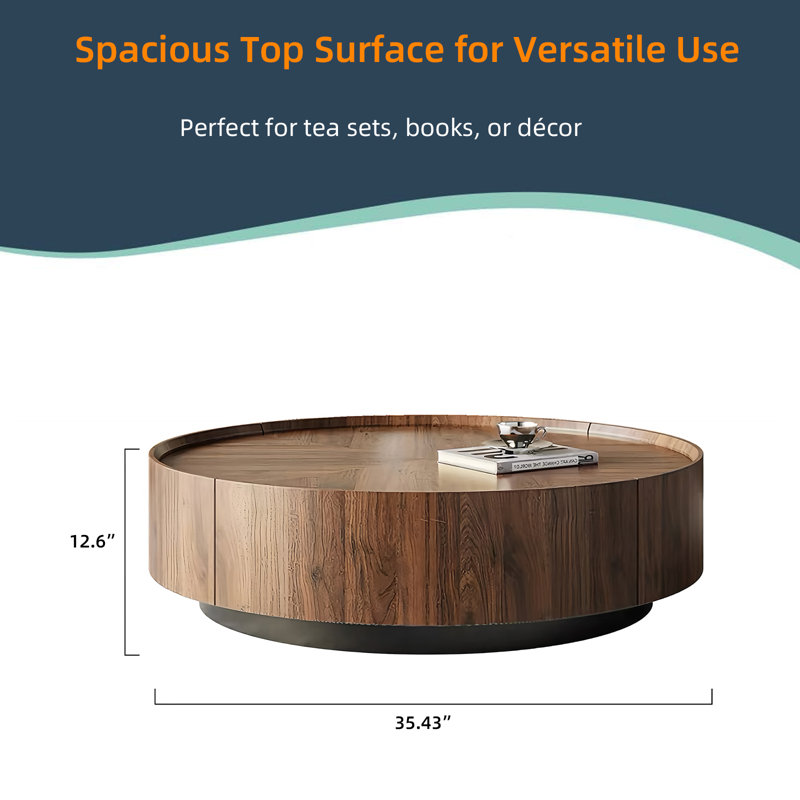 Pre-Assembled Walnut Round Coffee Table with Hidden Storage Drawers for Living Room or Home Office
