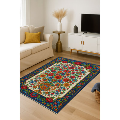 MOSSO Cream Floral Washable Woven Backing Area Rug