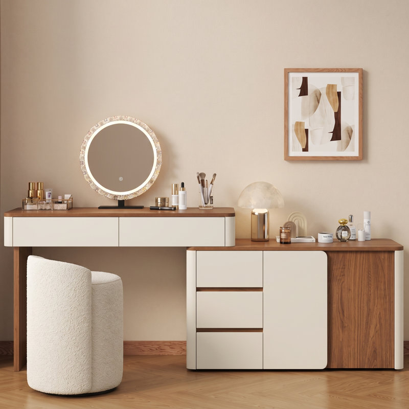 Bureau de coiffeuse moderne et extensible pour femmes et filles avec 5 tiroirs, 2 tablettes de rangement et un design sans poignée, blanc et noyer