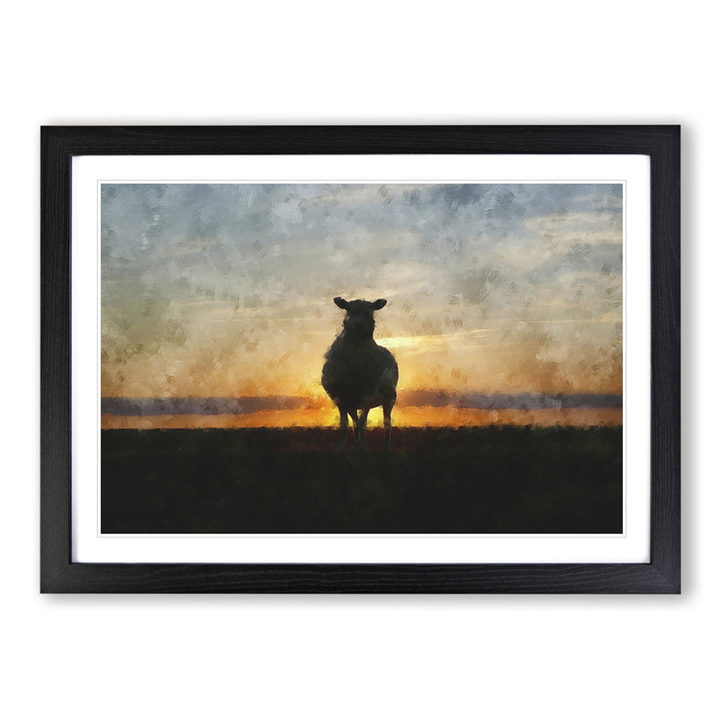 Sunset and Sheep - Picture Frame Painting, 27cm H x 36cm W x 2cm D, Black Framed