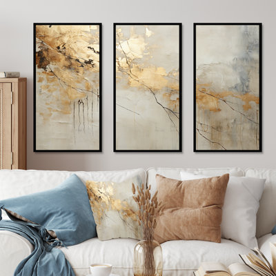 Beige And Gold Marble Lightning VI - Abstract Shapes Wall Art Set