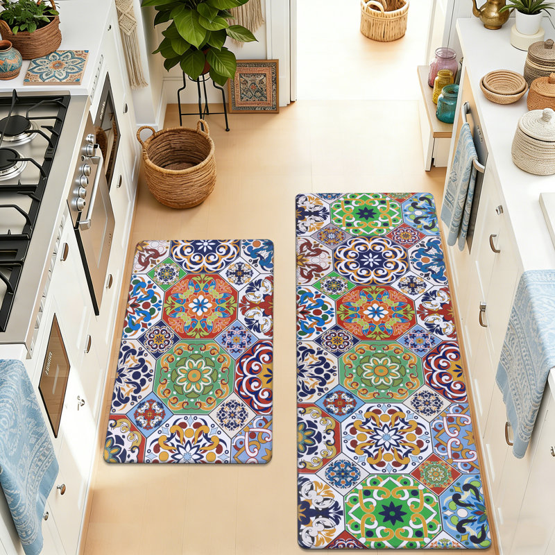 Alishia Anti-Fatigue Non-Skid Waterproof Kitchen Mat (Set of 2), Runner 20" x 31.5" + 20" x 59", Navy/Red/Green