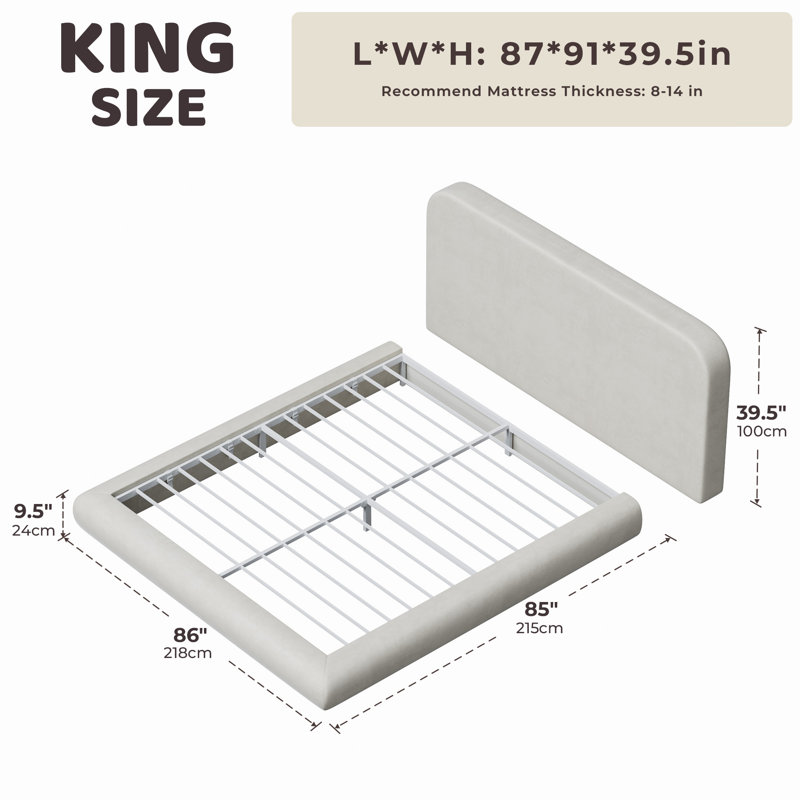 Structure de lit tapissier très grand avec tête de lit en chenille courbée très grand, panneaux arqués en mousse entièrement rembourrés, support en métal robuste, aucun sommier tapissier requis, beige