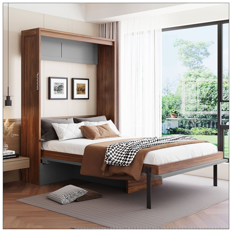 Full Size Murphy Bed with Foldable Desk - Walnut & Gray, Gray