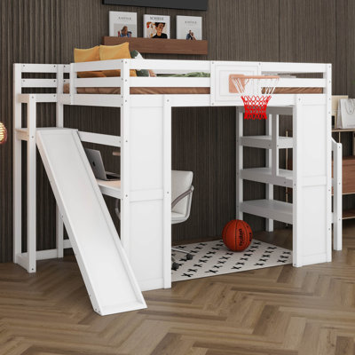 Lit mezzanine double en bois avec bureau intégré, panier de basketball, glissade et escalier