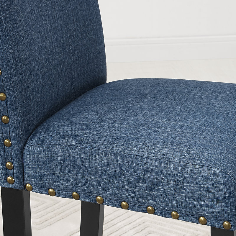 2 chaises de salle à manger à garniture cloutée bleue - pieds en bois franc, revêtement, siège l 18,43 po x P 18 po, chaises en tissu à garniture 38 po h, 2 cadres robustes, finition en lin et coton
