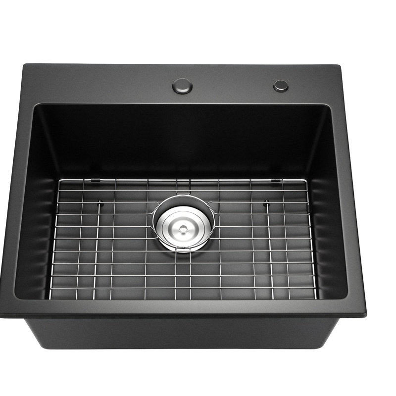 Évier de cuisine en granite noir à simple cuve de 25 po pour téléviseur et bar, composite de quartz, non poreux, résistant aux égratignures, multi-pièces avec drain à grille, idéal pour économiser de l'espace dans les cuisines.