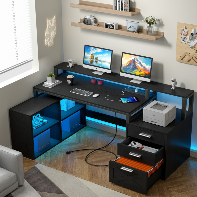 Ravleen 66'' W L-Shaped Computer Desk with Cube Shelves and Cabinet, Black