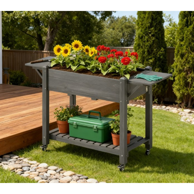 Jardinières en bois multifonctionnelles avec rangement, conception mobile pour une utilisation extérieure moderne
