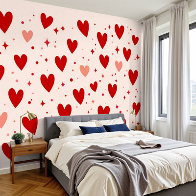 Peel and Stick Wallpaper 144" W x 100" H Modern Self Adhesive Wall Mural for Bedroom Red Pink Heart Soft Beige