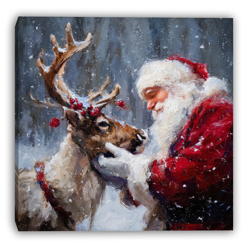 Père Noël et renne sur toile tendue, H 20 po x l 20 po