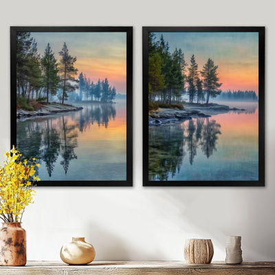 «Sunset At Dawn Lake Summer Mist - Sunset Wall Decor, Orange Landscape», art mural encadré 2 pièces