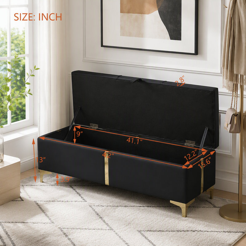 Pouf de rangement élégant avec pieds en métal, Noir + polyuréthane