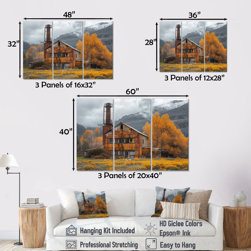 «Brown Gray Autumn Golden Grain Mill Photo II - Mills», ensemble d'art mural, H 32 po x l 48 po x P 1 po