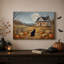 «Black Cat Sitting in Pumpkin Patch Under Full Halloween», art mural sur toile-59764286