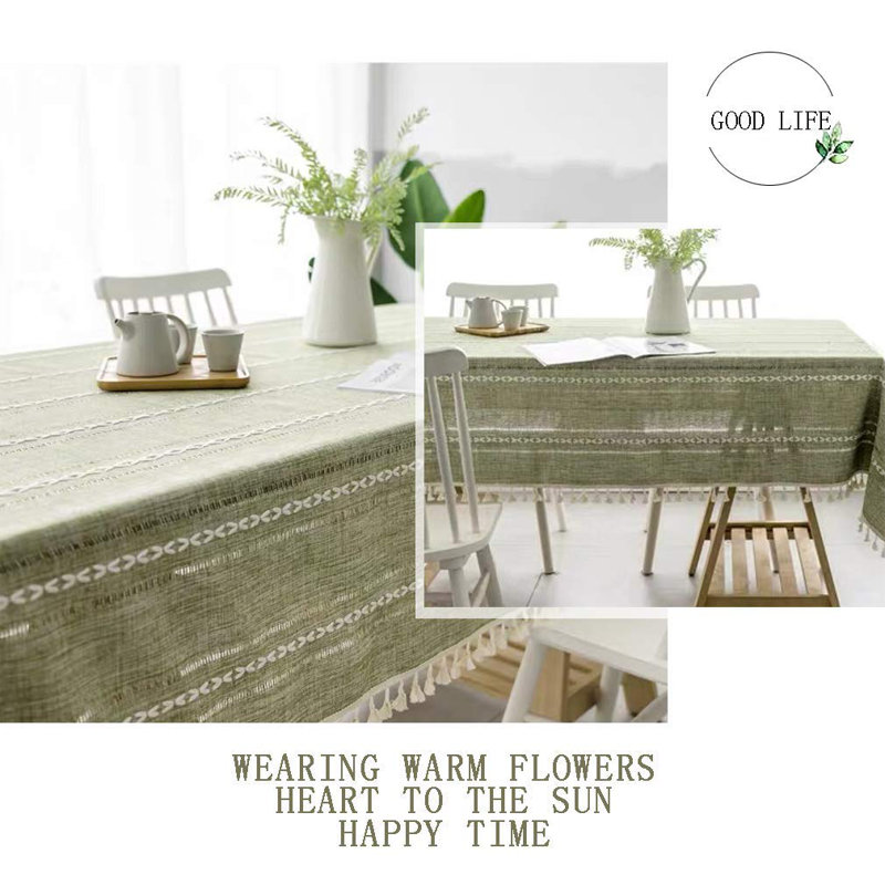 Cotton Linen Rectangular Tablecloth with Tassels, Washable, Wrinkle-Free for Kitchen, Dining, Party, Green
