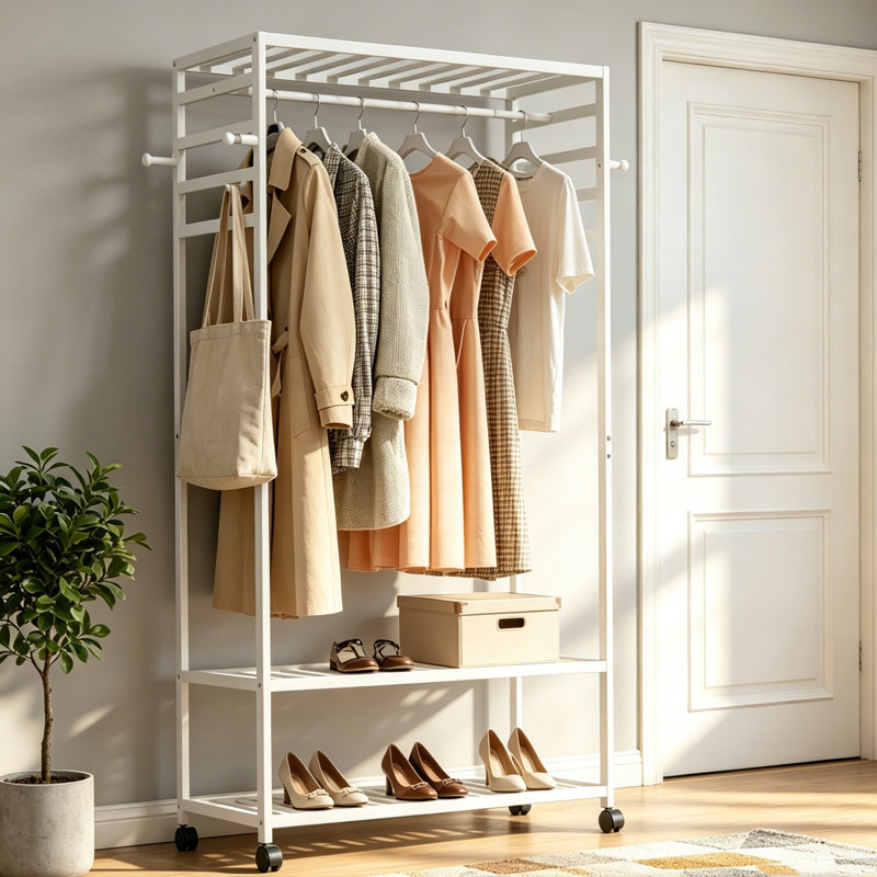 Heavy Duty Bamboo Clothes Rail Rack Garment Hanging Stand Corner Open Wardrobe