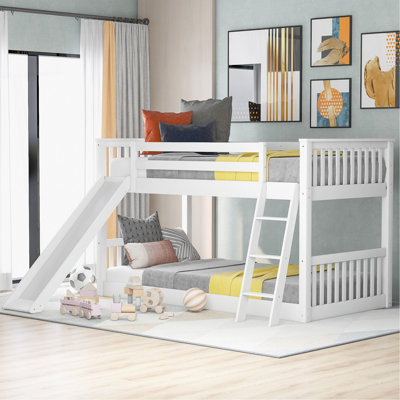 Lit simple superposé au-dessus d'un lit simple avec glissière convertible et échelle, blanc
