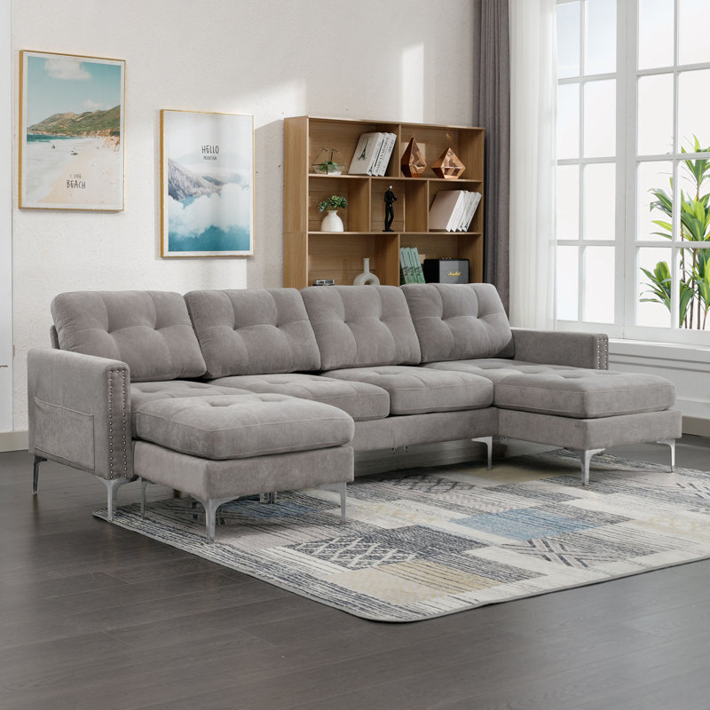 Jiuliana Upholstered Sectional Reversible, Light Gray Velvet, Silver