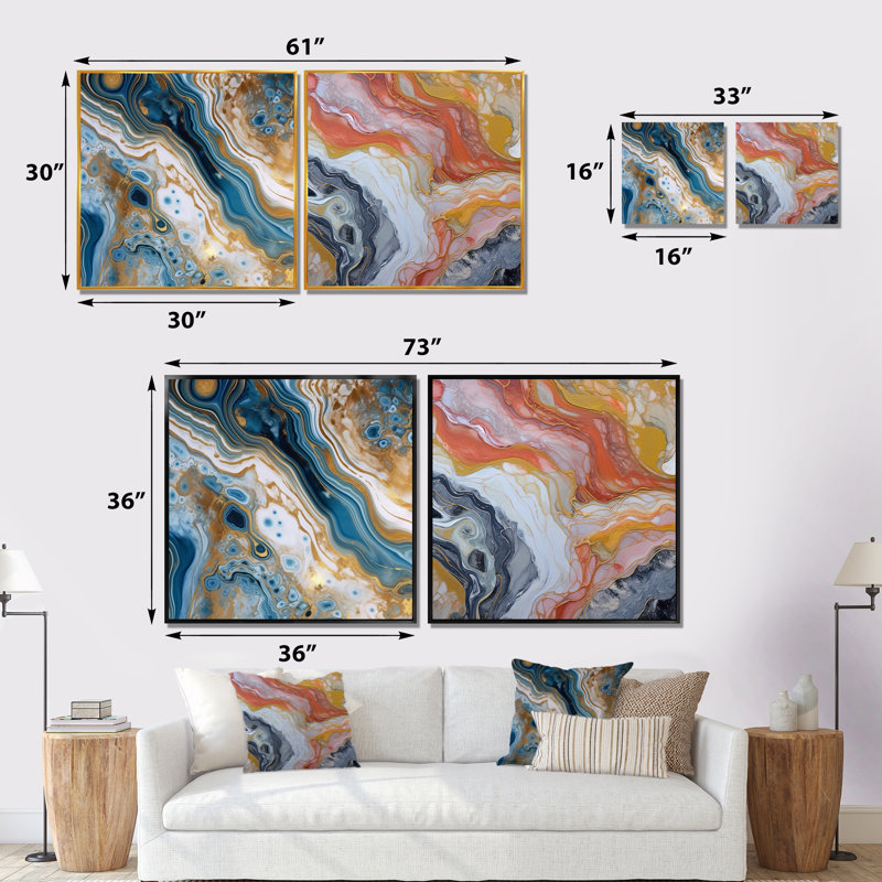 Symphonie turquoise sarcelle - ensemble de 3 collages carrés abstraits, Cadre flottant noir, H 36 po x l 73 po
