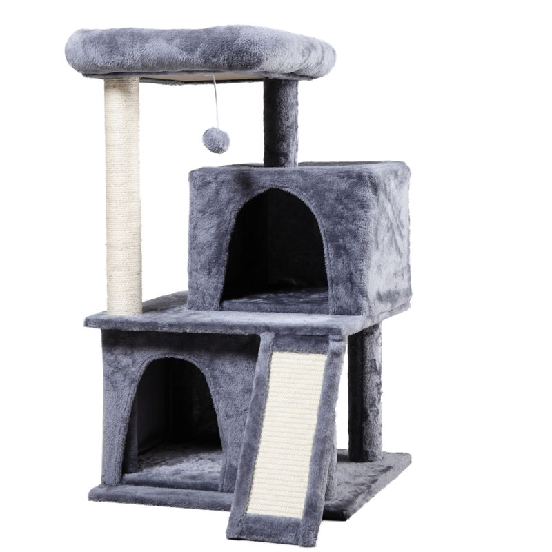 Arbre à chat gris à double couche avec maison et, fait de flanelle de panneau de particules, 19,7 pouces de profondeur, 17,7 de largeur, 34 de hauteur, 25,71 lb, construction sécurisée, deux zones de couchage, sur le dessus, assemblage facile à suivre